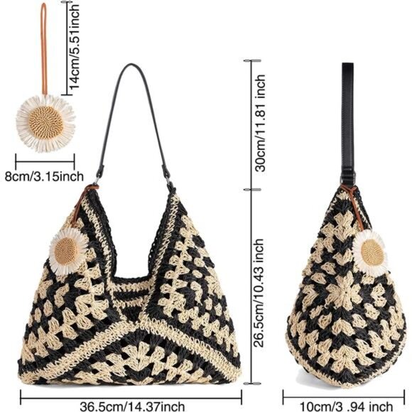 Women's Straw Beach Bag Summer Vintage Hobo Shoulder Tote Boho Hand Bag - Picture 3 of 6